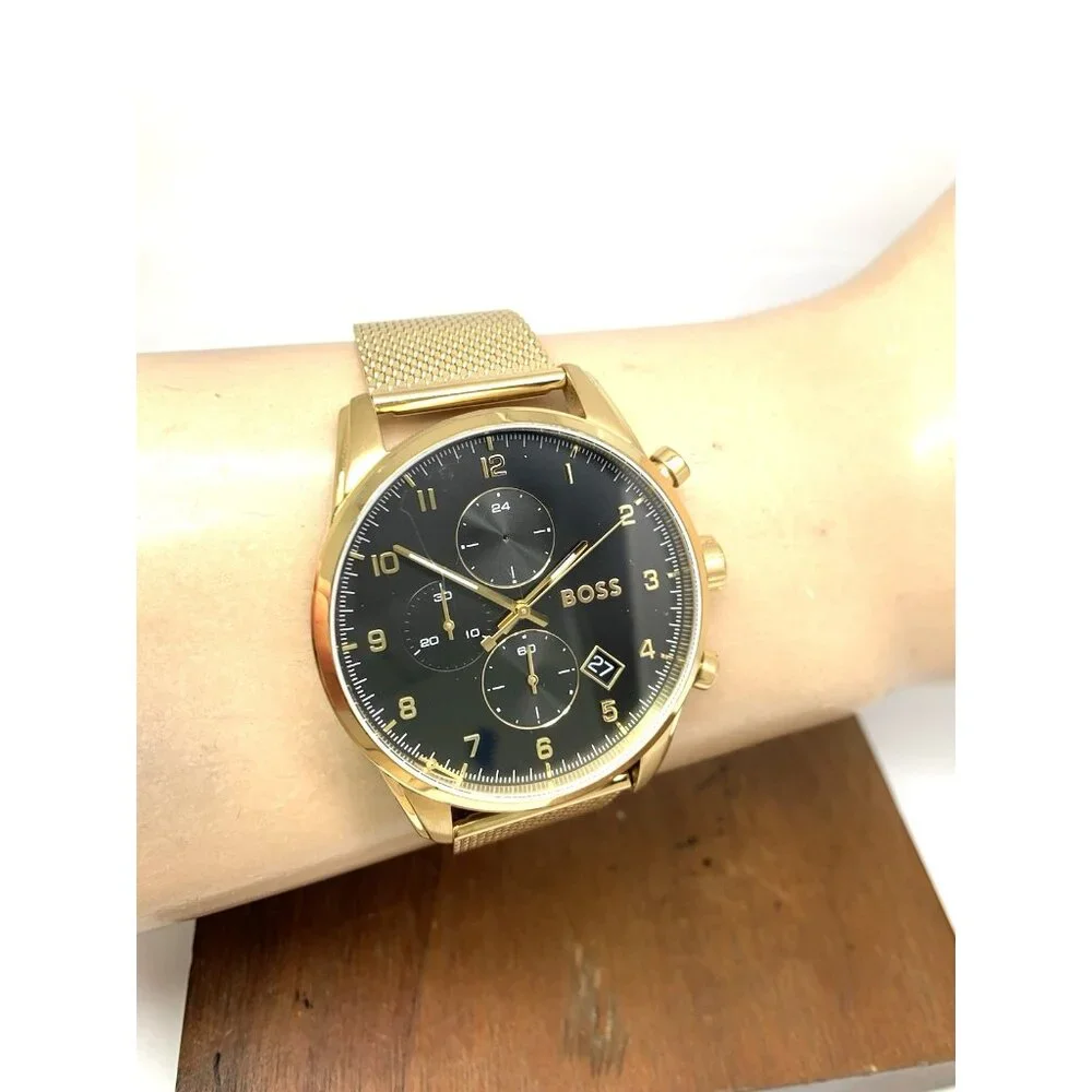 Hugo Boss Men's Watch 1513838 Quartz Chronograph Black Dial Gold Mesh Steel 44mm